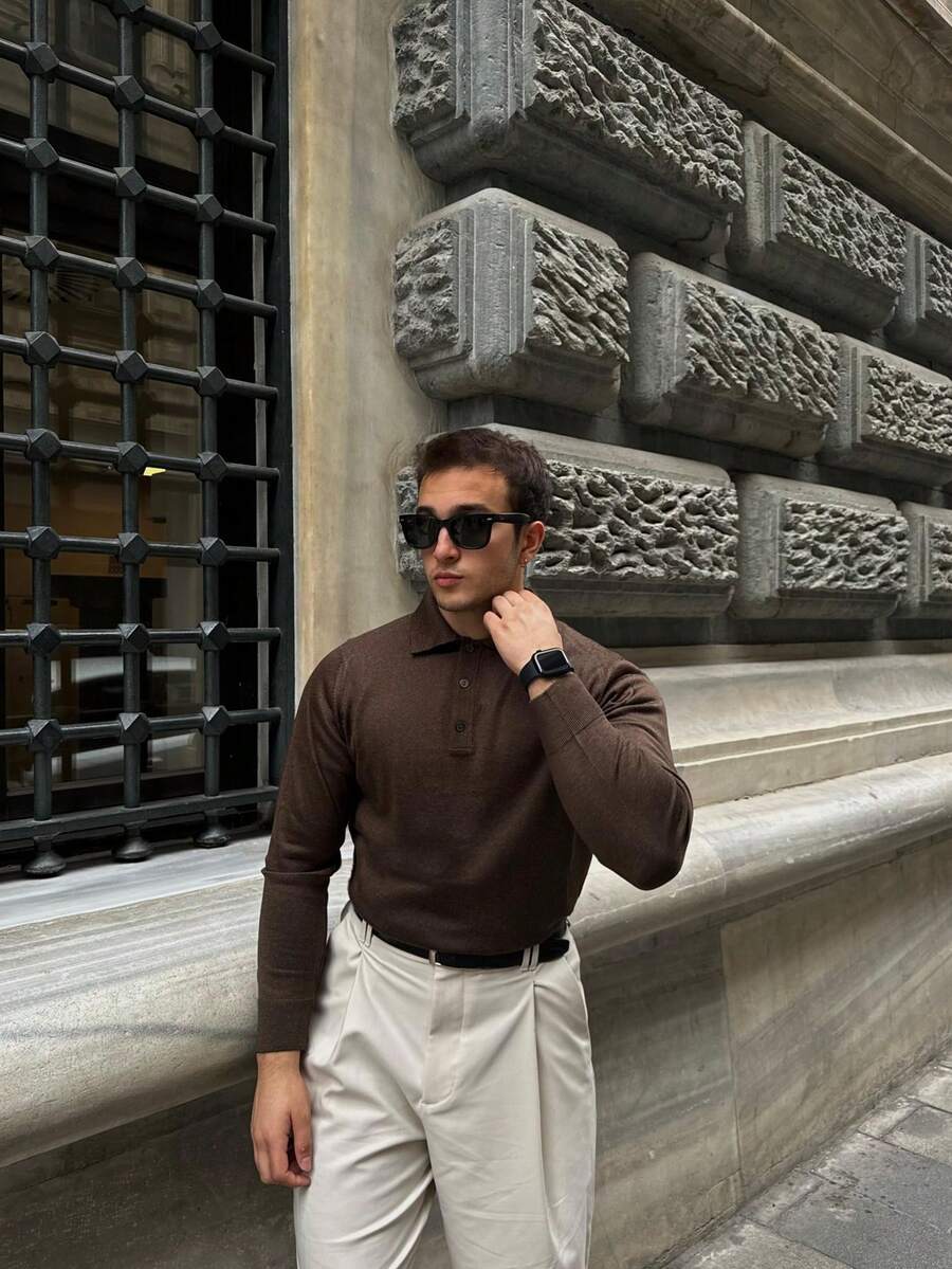 Men's Knit Polo – Button Placket, Relaxed Fit, Smart-Casual – Made In Turkey - Brown - View 1