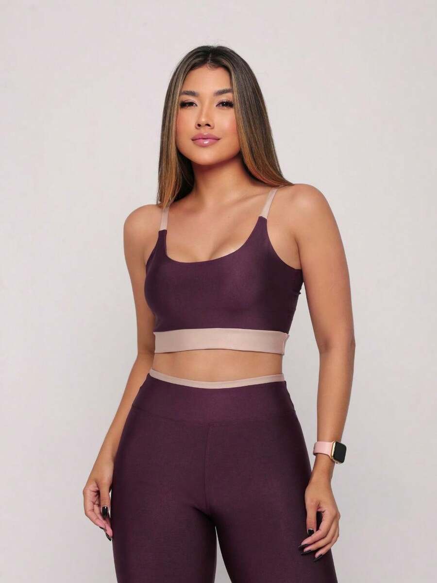 Premium Suplex Fitness Set With Pants And Non-Transparent Cup Top, Fitness Gym Clothing Kit, High Compression Leggings - 雙色巴西莓 - 查看 1
