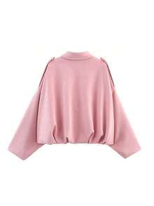 Women's Fashionable Elegant Solid Color Turndown Collar Button Bomber Jacket, Suitable For Daily Wear - Pink - View 3