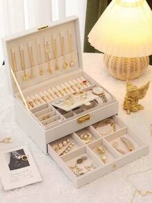 Caja de almacenamiento de joyas de 2 capas de gran capacidad, caja de almacenamiento de joyas portátil, tocador con cajón caja de almacenamiento de joyas, caja de joyas de cuero como regalo, contenedor de almacenamiento y exhibición exquisito, caja de almacenamiento y organización para el baño, cajón de almacenamiento de escritorio - Multicolor - Ver 16
