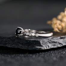 Adjustable 925 Silver Ring 6.5mm Round Black Spinel With Twisted Shank & CZ Accents Mysterious Elegant Jewelry Boho Gift