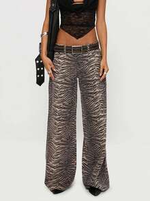 Women's Tiger Striped Denim Pants Fashionable Casual Low Waisted Wide Leg Jeans With Pockets - Màu Khaki - Xem 2