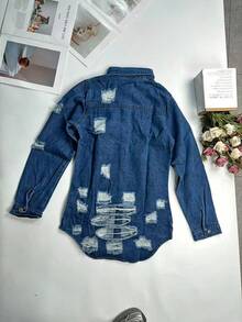 Women's Casual Mid-Length Distressed Washed Denim Jacket, Autumn - Medium Wash - View 4