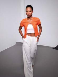 YROOE 女士春夏秋季新款时尚服饰，商务休闲/通勤/舒适休闲，欧美风串珠装饰针织休闲上衣 - 橘色 - 查看 4