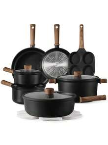 Non Stick Pan And Flat Bottomed Pan, Induction Cookware Set 16 Piece Kitchen Cooking Set, Non Stick Pan And Flat Bottomed Pan, With Frying Pan (Excluding Perfluorooctanoic Acid, Perfluorooctanoic Acid) - Black - View 9