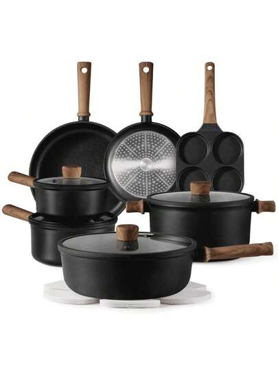 Non Stick Pan And Flat Bottomed Pan, Induction Cookware Set 16 Piece Kitchen Cooking Set, Non Stick Pan And Flat Bottomed Pan, With Frying Pan (Excluding Perfluorooctanoic Acid, Perfluorooctanoic Acid)