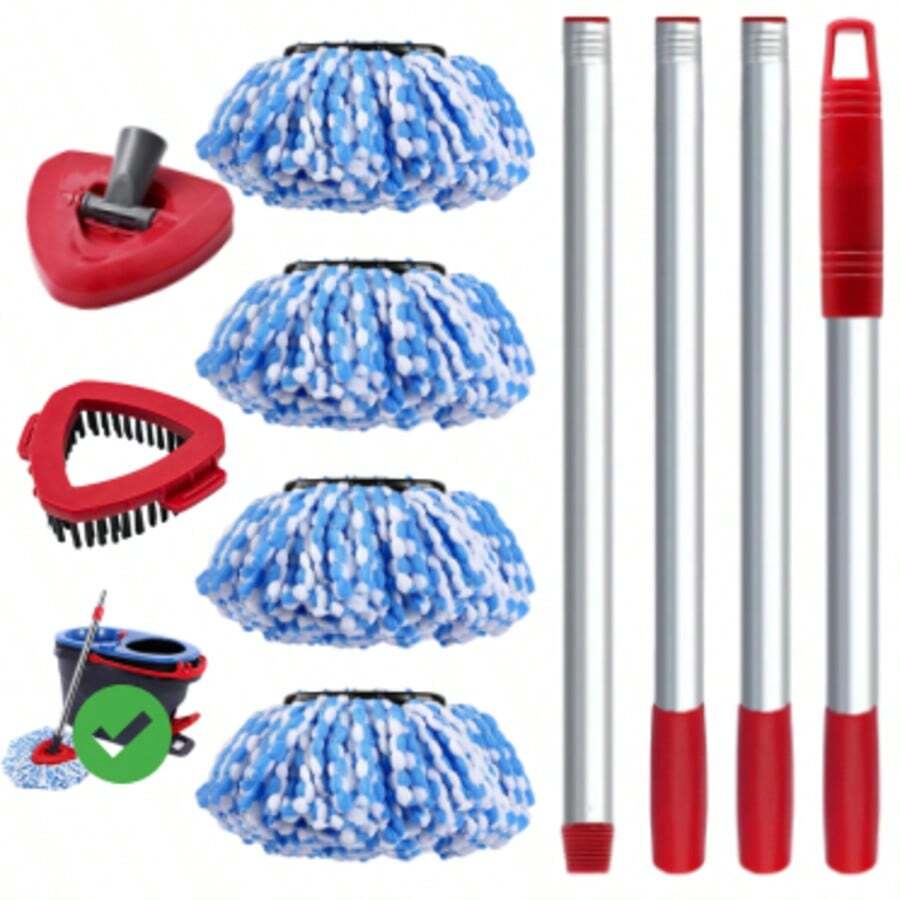 Spin Mop Handle Mop Heads And Base Replacement Sets Compatible With O Cedar EasyWring Rinseclean 2 Tank System, Flexible & Reusable(1 Sets Stainless Steel Handle & 4 Refills & 1 Base & 1 Scrub Brush) - Xanh và trắng - Xem 1