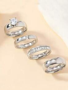 4/5 Pieces Fashionable And Exquisite Stainless Steel Ring 18k Gold Plated With Diamonds Round Square Ring Suitable For Women'S Daily Wear Dating Play Wedding Engagement Holiday Gift Jewellery