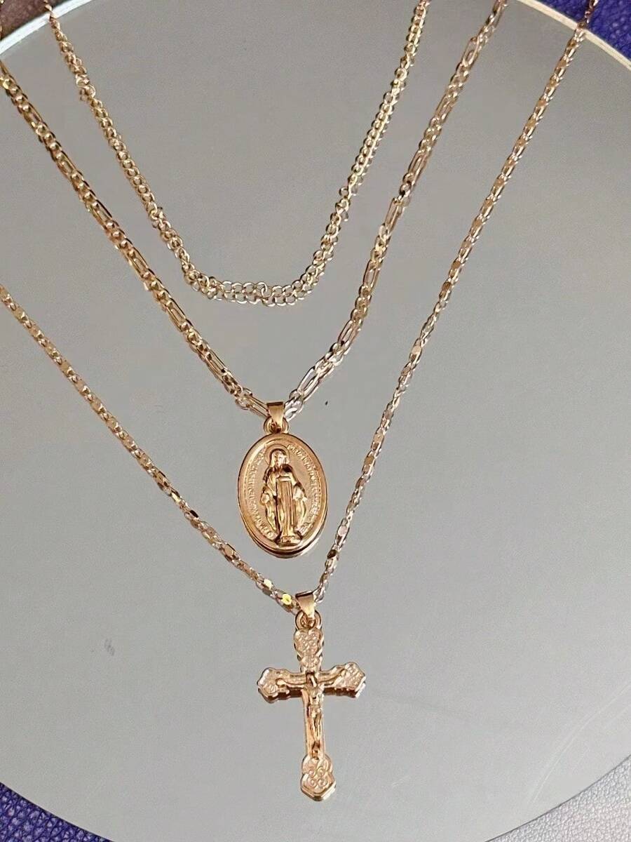 3 Layer Necklace Oval-Shaped Virgin Mary Madonna Pendant Jesus Cross Metal Plated Chain Women Gift