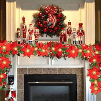 1 pieza Luces de cadena con flores rojas tipo Poinsettia, de plástico resistente, con luces blancas cálidas, alimentadas por batería, para uso en interiores/exteriores, decoración navideña para el hogar, jardín y fiestas