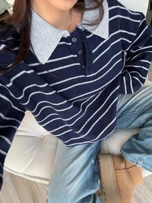 Retro College Style Striped Collar Button-Up Soft & Cozy Sweater - Royal Blue - View 4