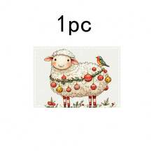 1 set/1 pièce/4 pièces/6 pièces Dessous de plat motif mouton et baie de houx de Noël, dessous de plat rectangulaires en polyester lavables en machine, protège-table, dessous de plat isolants, décorations de table de restaurant, fournitures de fête, décorations de Noël pouvant tous être offerts en cadeau
