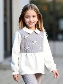 Girls Bowknot Top And Straight Leg Pants 2-Piece Set, Comfortable Casual Elegant Outfit For Spring/Autumn - Grey - View 4