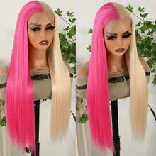 13X4 Pink & Brown Lace Front Wigs Pre Plucked Soft Free Part Long Straight Wigs Glueless Pink Skunk Stripe Wig Wear And Go Wig Heat Resistant Fiber Hair Synthetic Lace Front Wigs For Fashion Women For Daily Christmas Party Cosplay Use - Half Pink Half Blonde - 查看 3