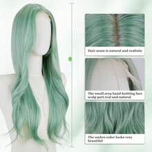 Long Mint Green Wavy Wig Middle Part Curly Wavy Wig Natural Look Synthetic Heat Resistant Fiber Wig, Suitable For Daily Party Use