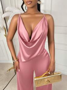 AIJ Amarilo Women's Sexy & Elegant Solid Color Spaghetti Strap Loose Jumpsuit Pink Summer - Pink - View 6