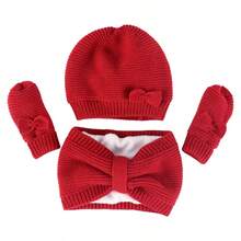 Baby Bow Beanie Fall Winter Toddler Knit Hat Scarf Glove Set Pompom Beanie Hat Fleece Neck Warmer