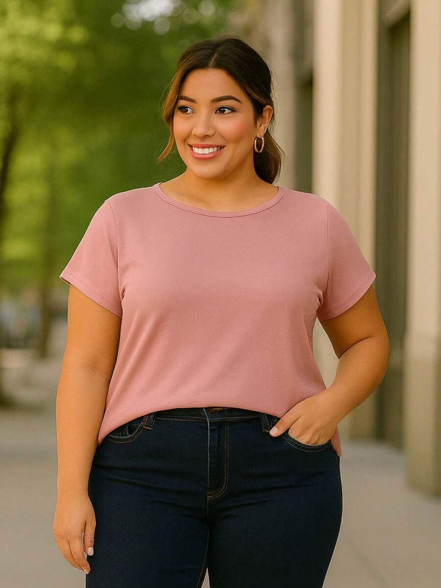 PLUS SIZE BLOUSE PLAIN CASUAL MODERN BASIC CURRENT CONTEMPORARY VISCOLYCRA - Rosa Oxidada - Ver 1