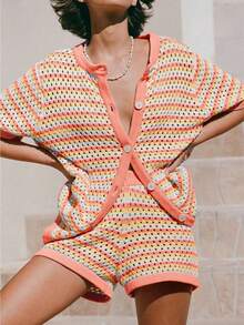 Fisoew Women's Boho Beach Vacation Set, Crochet Knit Cover Up With Striped Button Shirt, Summer Short Sleeve - trái cam - Xem 1