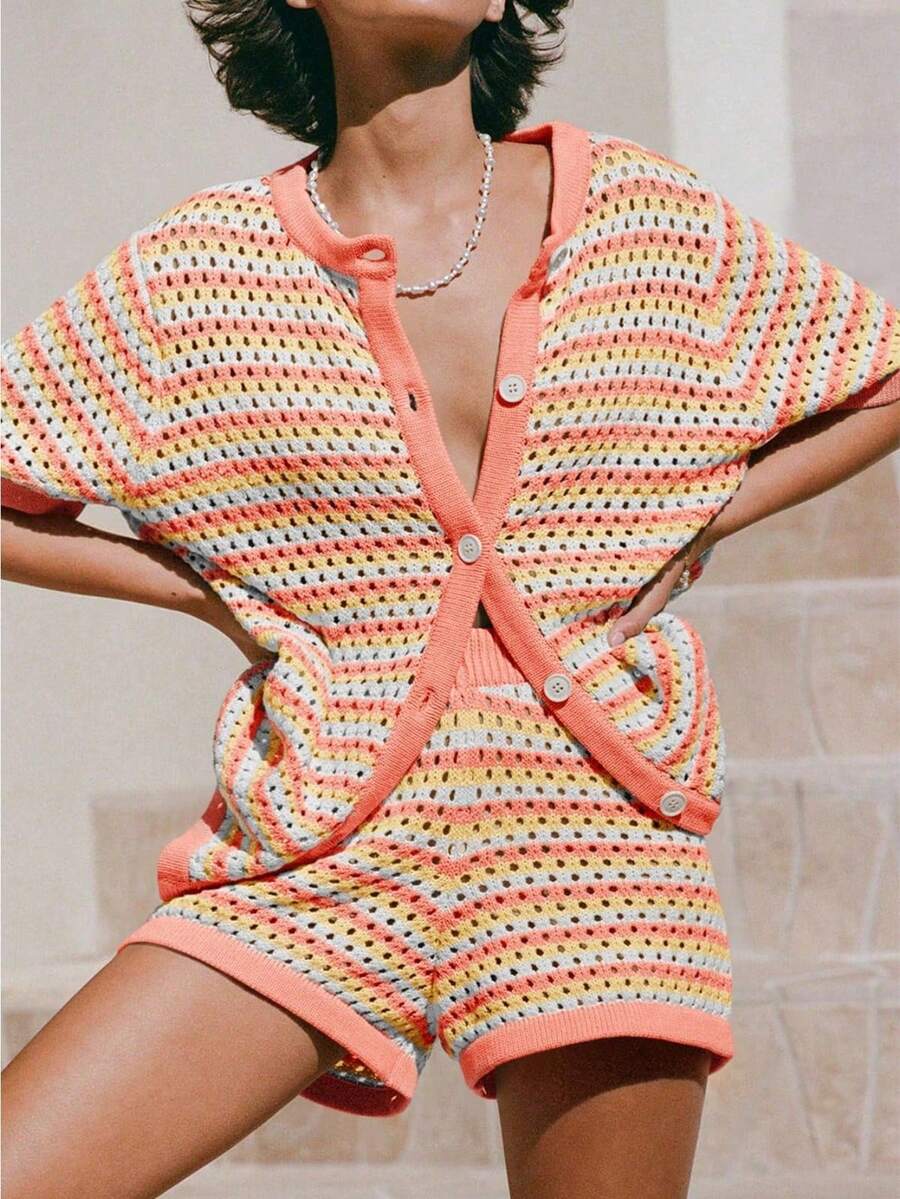 Fisoew Women's Boho Beach Vacation Set, Crochet Knit Cover Up With Striped Button Shirt, Summer Short Sleeve - trái cam - Xem 1