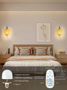 Battery Powered Wall Lamp, Wireless Gold Wall Light With Remote Control, Dimmable Detachable Rechargeable Bulb, 15-Color Wall Lamp For Bedroom, Living Room, Corridor Decor