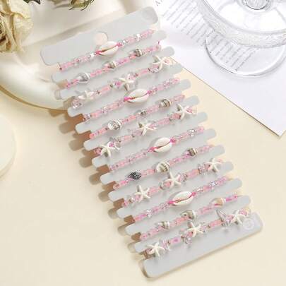 12pcs Fashionable Boho Style Pink Ocean Beaded Bracelet Set, Faux Shell & Starfish Adjustable Bracelets, Stylish For Women, Suitable For Holiday, Party, Gift For Friends