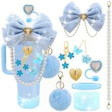 QY Bling Cup Accessories For 40/30/20 Oz Tumbler With Handle Including Glitter Bow Straw Topper, Heart Straw Cover, Pearl Water Bottle Handle Strap, Boot, Pom-Pom, Keychain Charms(Blue) 2216 - 藍色 - 查看 1