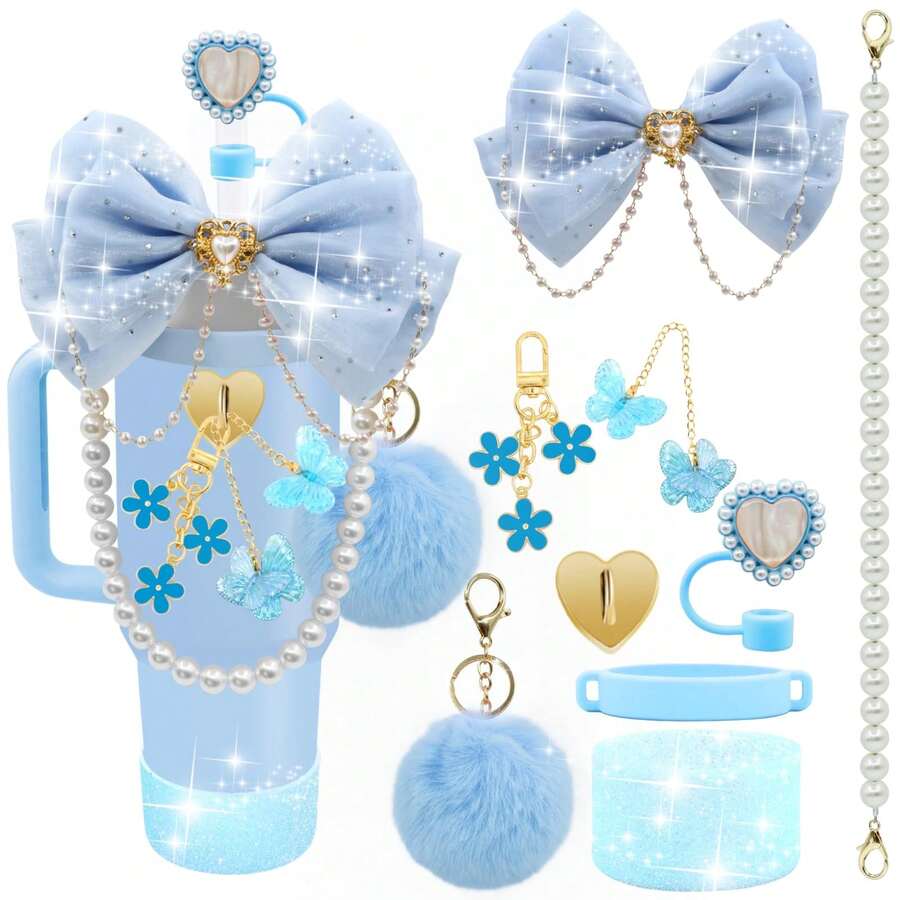 QY Bling Cup Accessories For 40/30/20 Oz Tumbler With Handle Including Glitter Bow Straw Topper, Heart Straw Cover, Pearl Water Bottle Handle Strap, Boot, Pom-Pom, Keychain Charms(Blue) 2216 - 藍色 - 查看 1