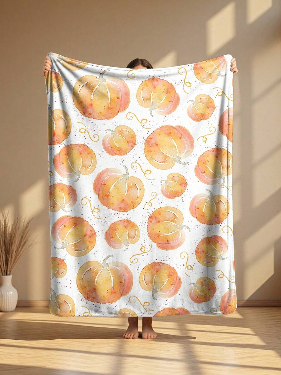 1pc Flannel Blanket, Bedding, Pumpkin Pattern Thick Soft Cozy Throw Blanket For Sofa, Office Nap, Room Decor, Travel Camping, Suitable For Living Room, Bedroom, Back To School, Holiday Gift, Halloween Decor