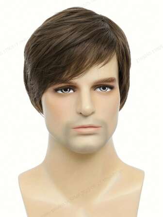 6英寸欧美风格男士时尚短棕色侧分直发合成假发