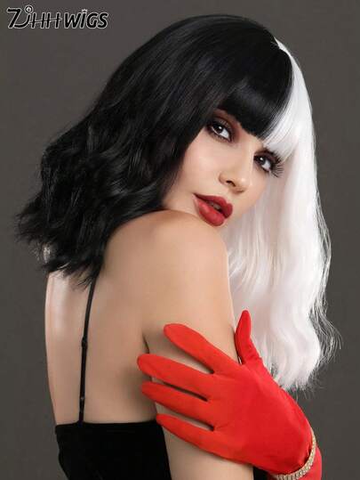 7JHH WIGS 14 Inch Short Wavy Two-Tone Black White Wigs For Women Shoulder Length Curly Bob Wigs With Bangs, High Quality Synthetic Fiber Hair, Spotted & Spooky Gothic Style Witch Costume Wigs For Girls Halloween Cosplay Wear - Theme Parties Use ( Social Media Photo Sharing )