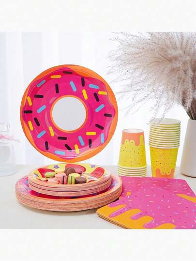 68 Piece Set, Disposable Tableware, Donut Themed Disposable Paper Plates, 7-Inch Paper Plates, 9-Inch Paper Plates, Paper Cups, Napkins, Food Plates, Party Trays, Materials, Suitable For Various Holiday Decorations Such As Birthday Parties, Afternoon Tea, Weddings, Bridal Showers, Receptions, Parties, Picnics, Camping, Barbecues, Etc. Party Decoration, Kitchen Supplies.