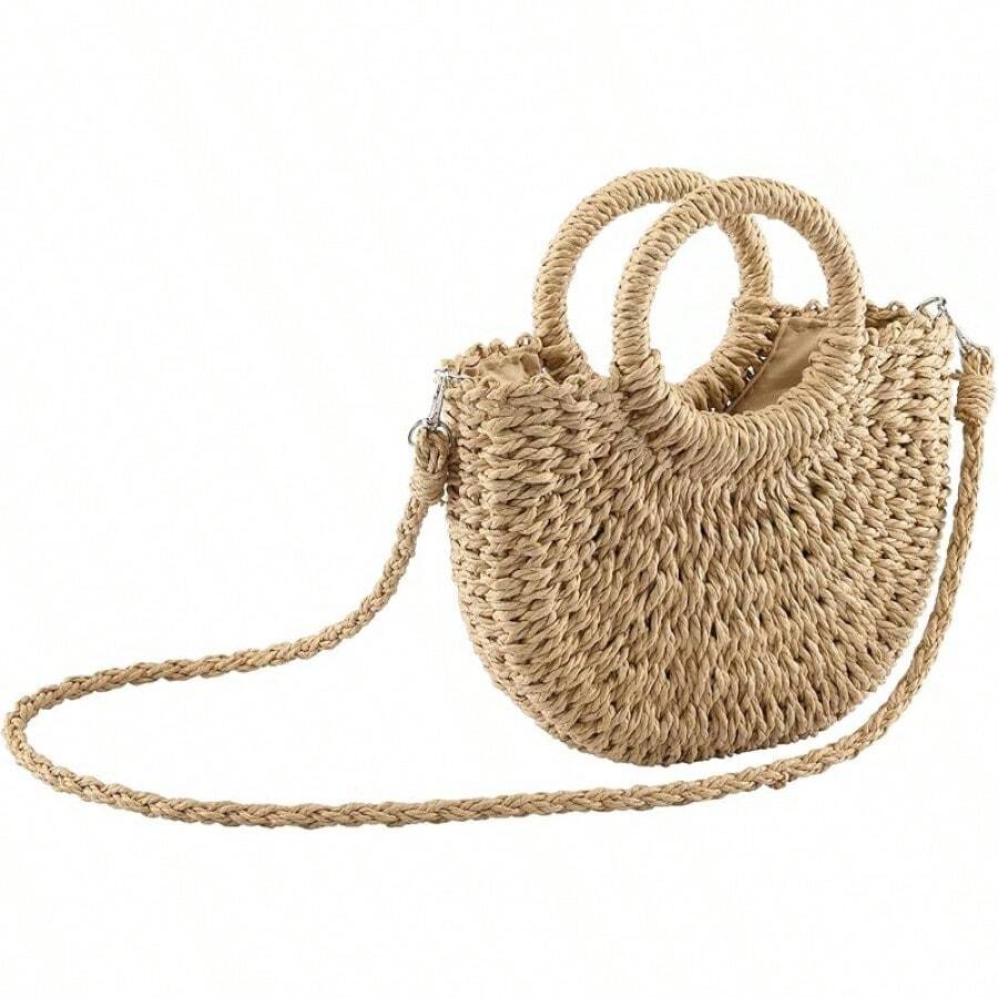 Small Summer Beach Straw Bag Women Crossbody Top Handle Shoulder Handbag Handwoven Rattan Clutch Purse - Light Brown - View 1