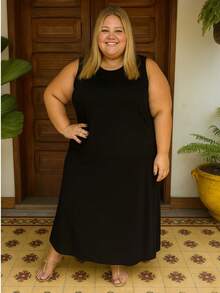 Women's Plus Size Midi Dress, Casual, Unilateral Slit, Cotton Mesh, Evangelical Fashion, Evening, Holiday, Travel - 黑色 - 查看 5