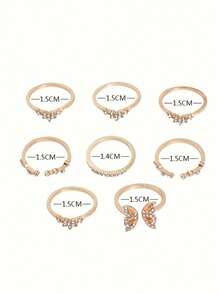 Clariva 8入組歐美波西米亞風格鑲嵌鑽石蝴蝶女士們戒指套裝禮品 - 金黃色 - 查看 5