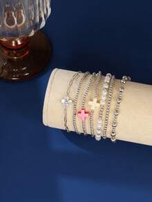 7 件时尚方晶锆石花朵装饰手链套装，金色 CCB 珠和十字架多层可堆叠手链，适合女性日常、约会、派对、节日礼物 - 銀色 - 查看 2