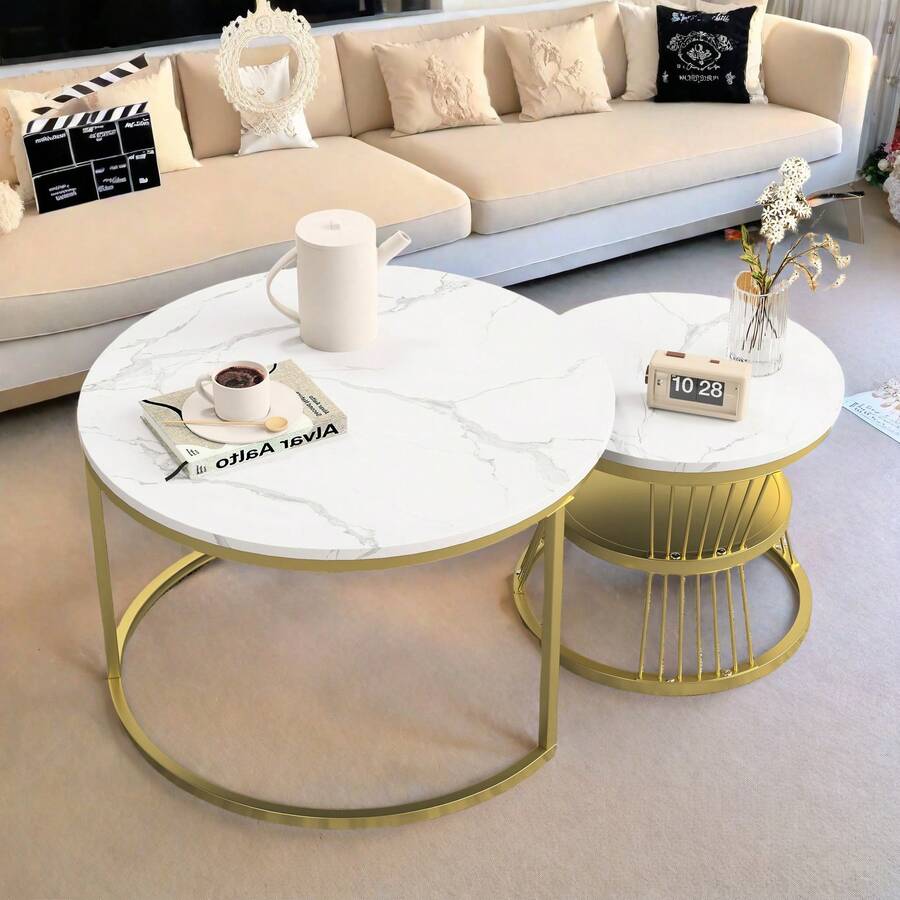 Juego de 2 mesas de centro nido, diseño de mármol, aglomerado, estructura de metal, mesa auxiliar para balcón, mesa de salón, redonda, dorada