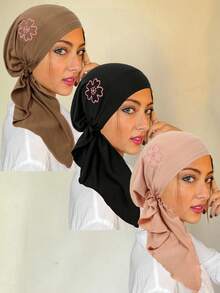 1 件女士时尚弧形无檐便帽，弹性头巾帽，侧面有花卉刺绣，化疗帽 - 彩色 - 查看 6