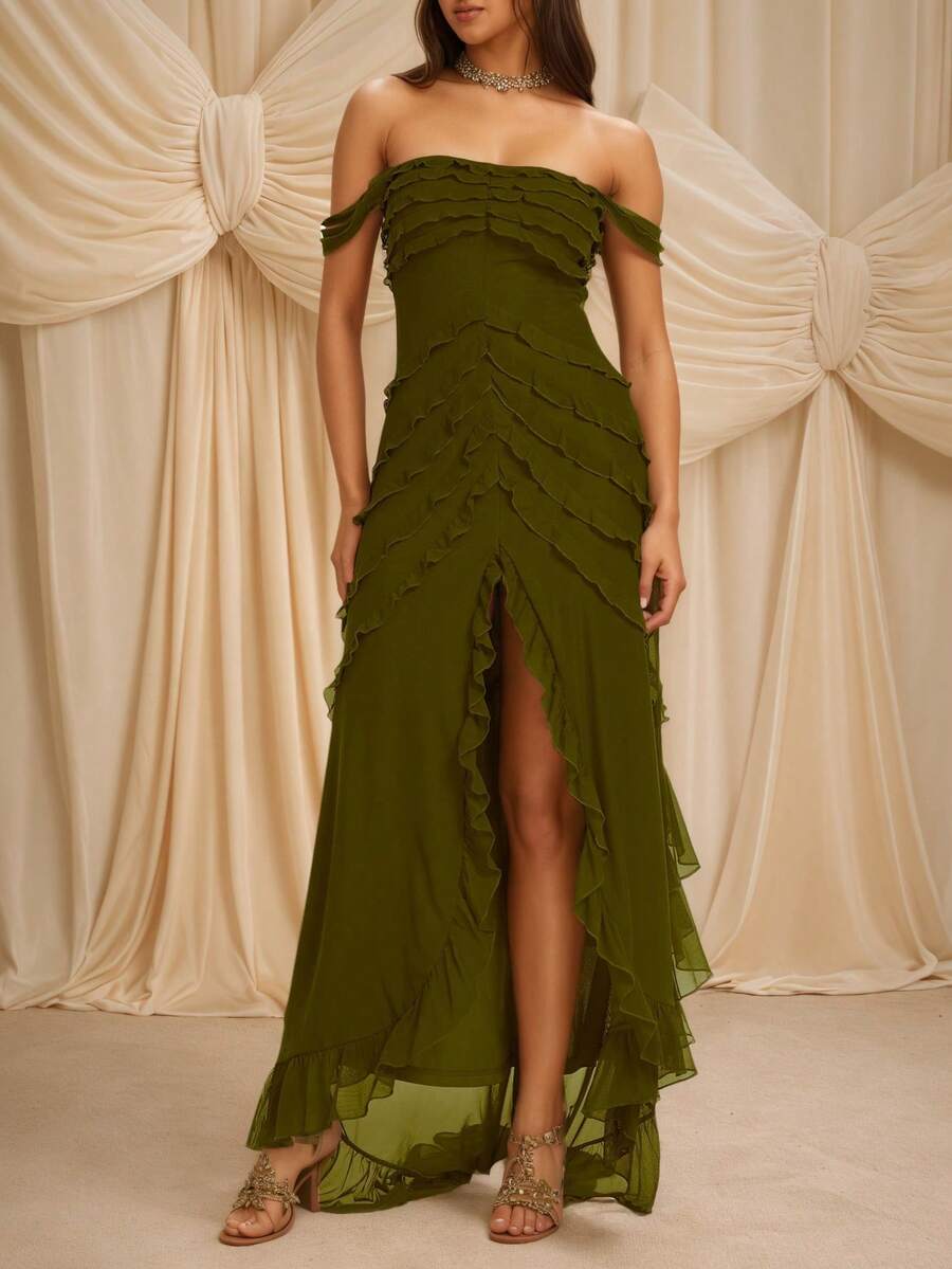 Mesh Ruffle Trim Off Shoulder Ruched Split Thigh Sheer Unlined Cloth Formal Dress,Back To School Party Dress,Homecoming Dress - Green - View 1