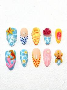 10 Pieces Of Pure Handmade Wearable Nails Pressed Nails 33mm Thin High Heel Long Nails French Nails Gold Sunglasses Powder Modeling Glue Three-Dimensional Modeling Glue Carving Craft Leopard Finger Multi-Color Matching Girl Cute Fashion Versatile Three Sizes To Choose From Suitable For A Variety Of Occasions, Parties, Dances And Daily Wear