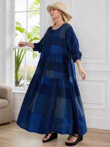 AZAH Women's Plus Size Blue Floral Print Long Sleeve Round Neck Pleated Maxi Dress A Line Woven Fabric Modest Summer Dress With Pockets