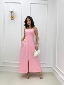 Long Dress Simple Elegant Casual Button Split Side Slit Women Wedding - 淺粉色 - 查看 2
