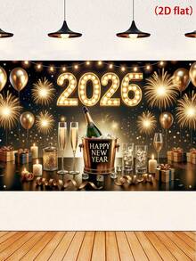 1pc New Year Theme Backdrop Banner, Black Gold Colorful Firework Balloon Shape Polyester Hanging Flag, Suitable For 2026 New Year Party Celebration Background Decor, Home Room Decoration, Happy New Year Party Wall Backdrop, New Year Gift, Garden Yard Decor Flag, Hanging Decor, Party Photo Prop, 2026 New Year Decoration, Party Favor - Golden Happy New Year - View 6