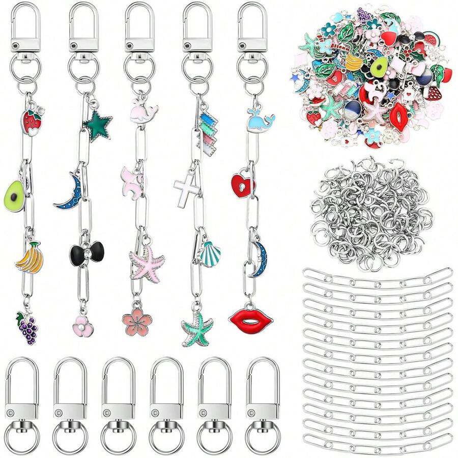 Bộ móc khóa kim loại sáng tạo tự làm | 78/156 chiếc Phụ kiện bao gồm mặt dây chuyền bằng hợp kim kẽm + Móc khóa xoay + Dây nối dài + Vòng nhảy | Bộ dụng cụ kìm trang sức | Vật liệu thủ công trang trí tiệc tùng | Bộ dụng cụ làm trang sức cá nhân hóa - bộ móc khóa - Xem 1