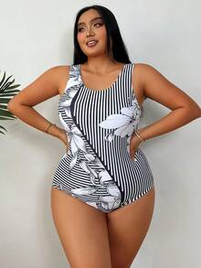 1pc Plus Size Monochrome Positioned Print One-Piece Swimsuit