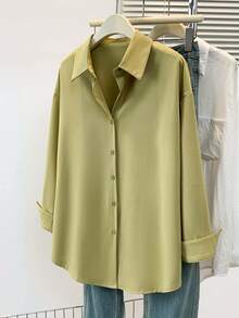 Women's Minimalist Casual Shirt Solid Button Down Long Sleeve Shirt Collar Elegant Top For Spring Fall Winter