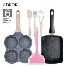 1oc/6pcs Nonstick Cookware Set (Egg Pan, 4-Hole Breakfast Grill) With Silicone Utensils, Single Pans And Cookware Sets Are Sold Individually, Family Dinner Supplies, Party Supplies