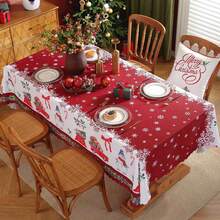 Une nappe de Noël joyeuse - motifs de fleurs rouges et d'arbres de Noël, en polyester, décorations rectangulaires pour le repas de fête