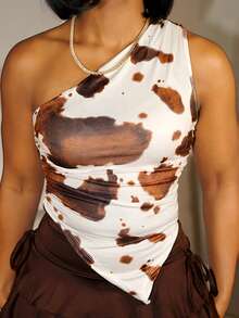 Steph T Women's Casual Vacation Western Cow Print Blouse, Suitable For Beach, Wedding Guest, Graduation, Brunch, St. Patrick's Day, Spring Break, Easter, Music Festivals, Elegant Bohemian, Tropical, Off-Shoulder Top, Spring/Summer,Rave Top