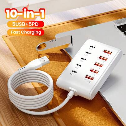 5 USB + 5 Type-C 10-Port Power Strip With 1M Charger Cable Adapterhome,Office Charging Station